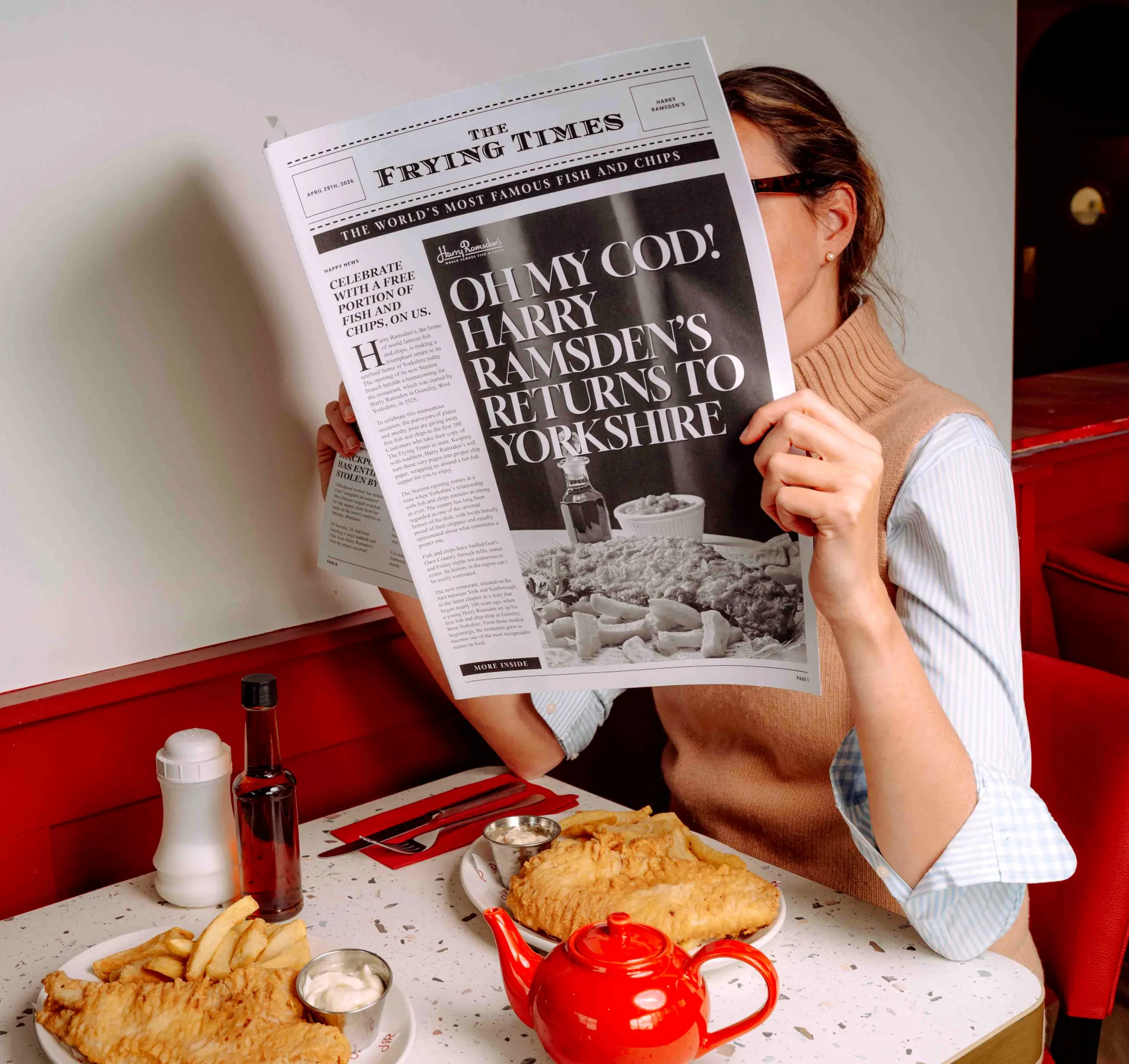 "Oh My Cod! Harry Ramsden's Returns to Yorkshire" Newspaper Headline